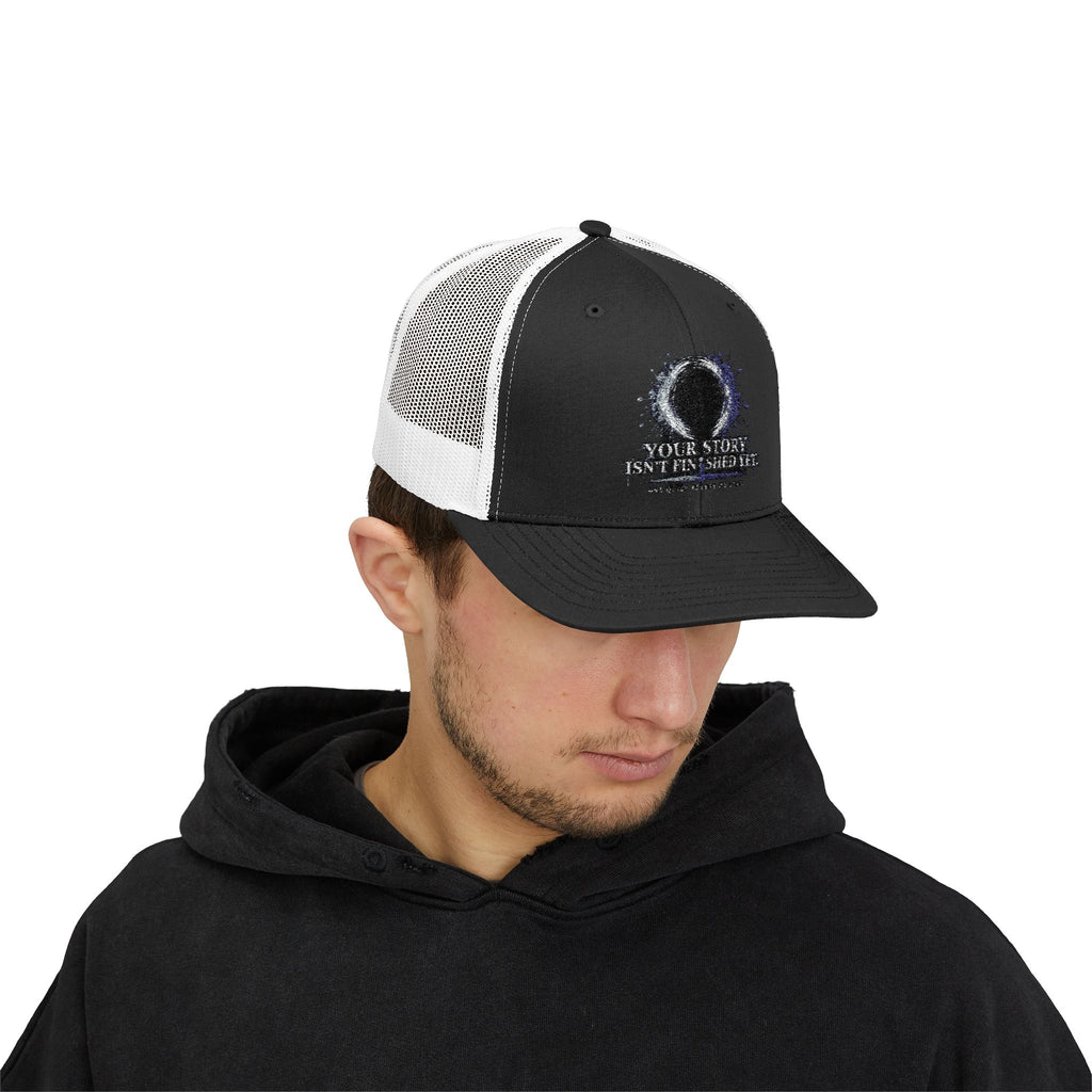Abstract Sunburst with Quote Trucker Cap | Your Story Isn’t Finished Yet