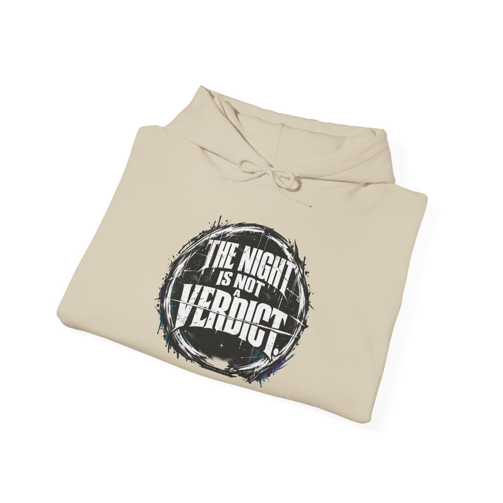 The Night Is Not Verdict hoodie | Grunge circular text design, sleeve print