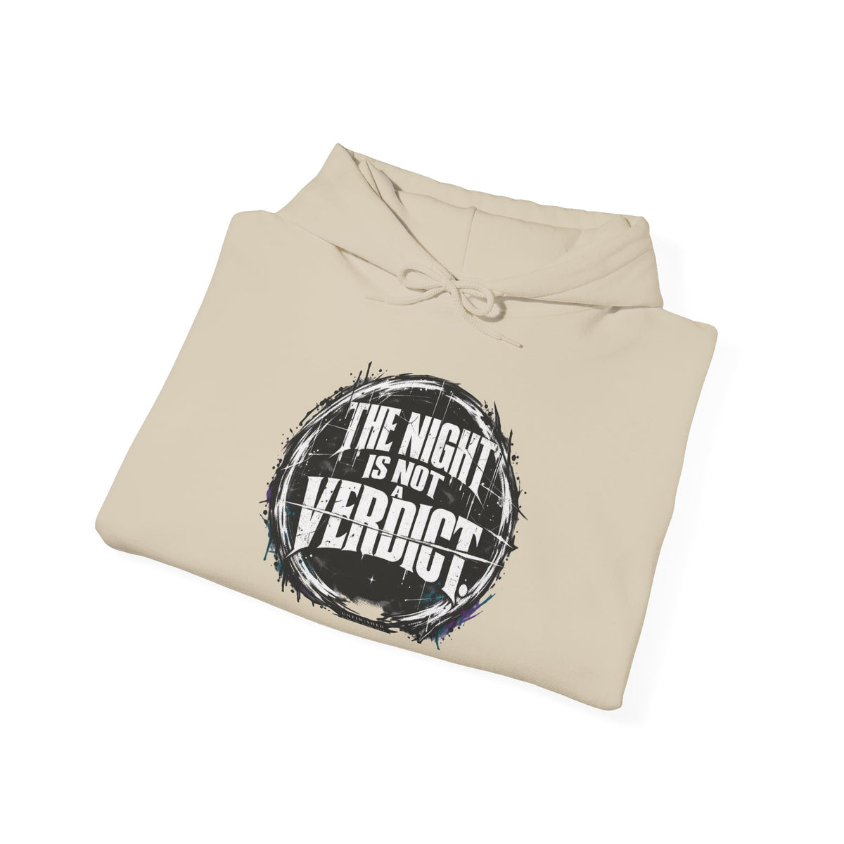 The Night Is Not Verdict hoodie | Grunge circular text design, sleeve print