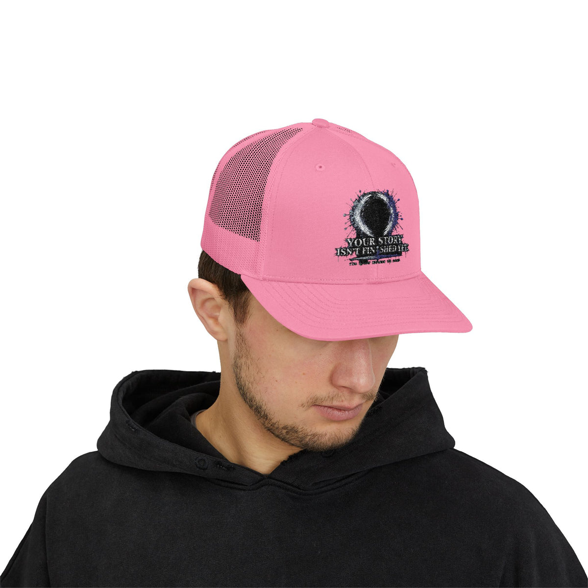 Abstract Sunburst with Quote Trucker Cap | Your Story Isn’t Finished Yet
