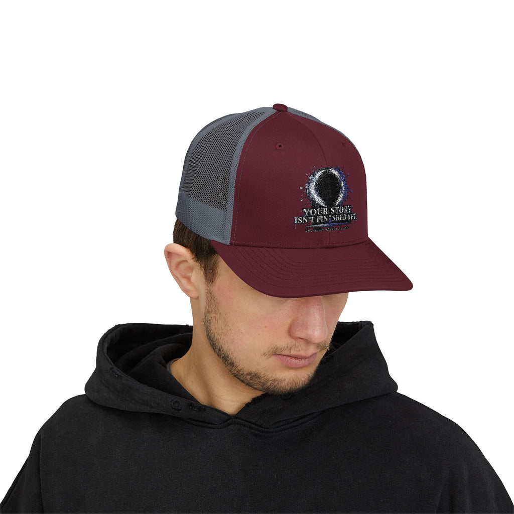 Abstract Sunburst with Quote Trucker Cap | Your Story Isn’t Finished Yet