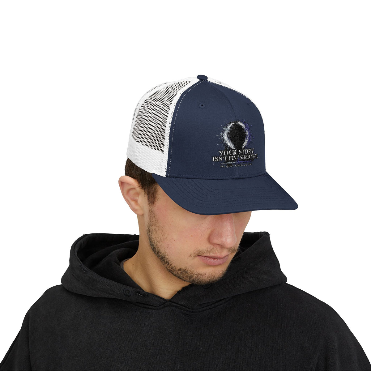 Abstract Sunburst with Quote Trucker Cap | Your Story Isn’t Finished Yet