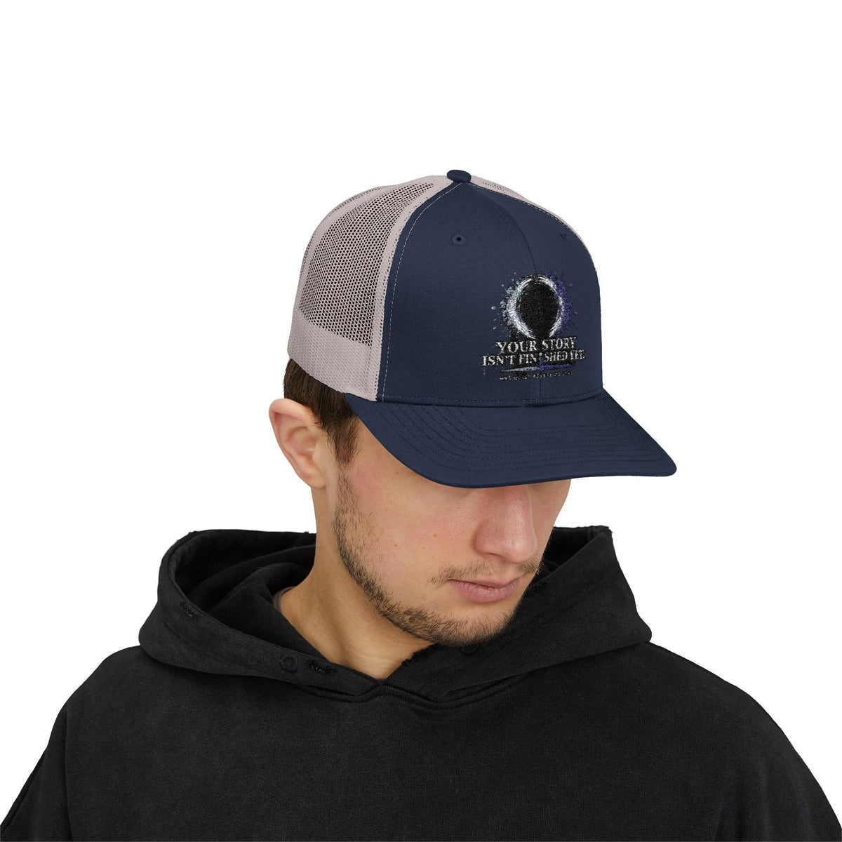 Abstract Sunburst with Quote Trucker Cap | Your Story Isn’t Finished Yet