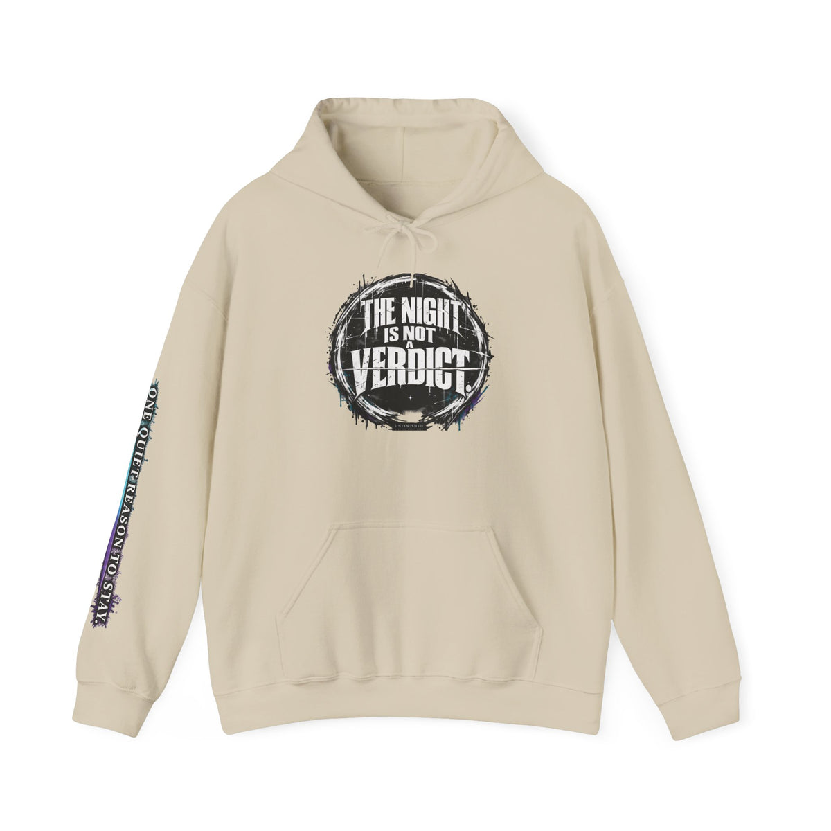 The Night Is Not Verdict hoodie | Grunge circular text design, sleeve print
