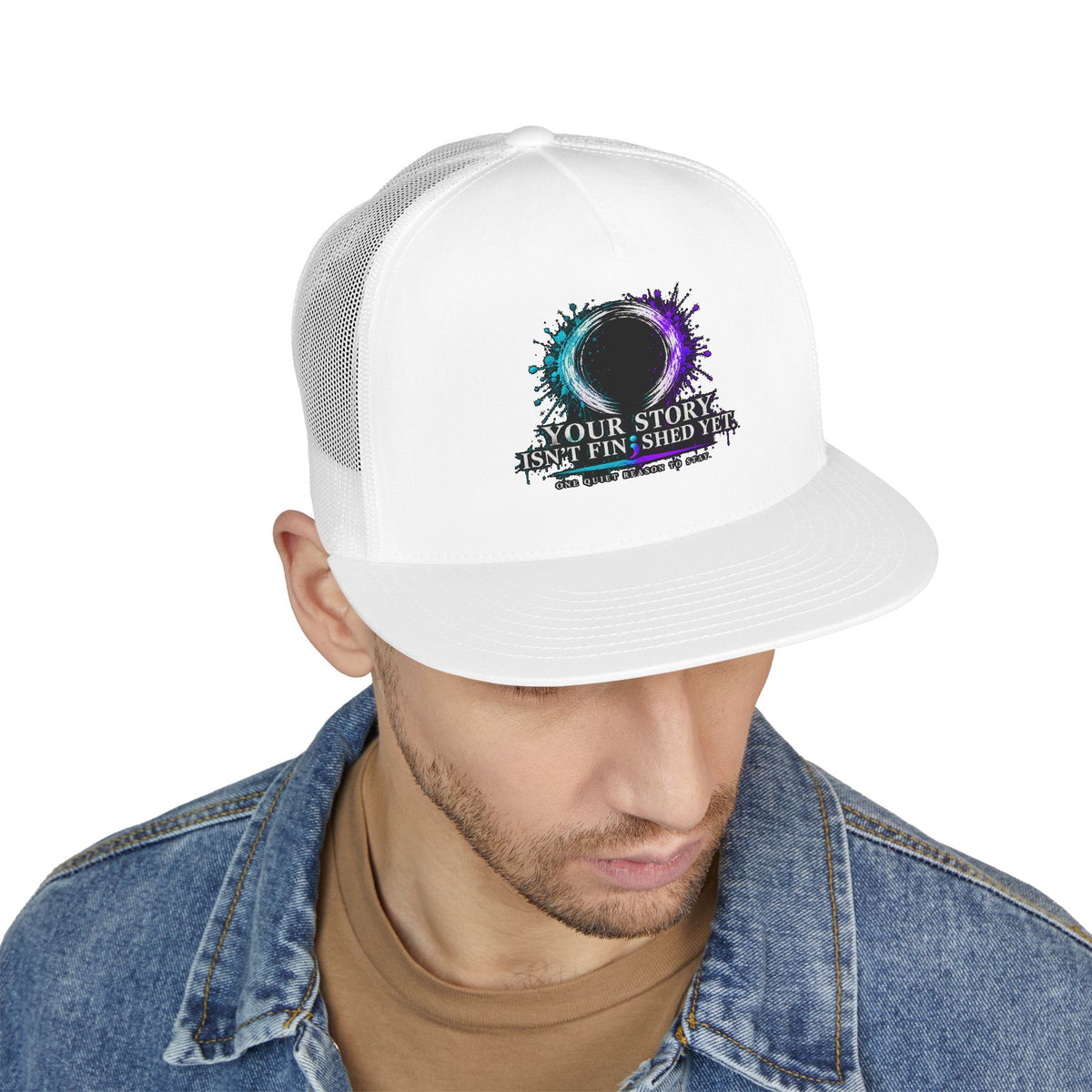 5-Panel Trucker Cap — "Your Story Isn’t Finished Yet" Inspirational Mesh Hat