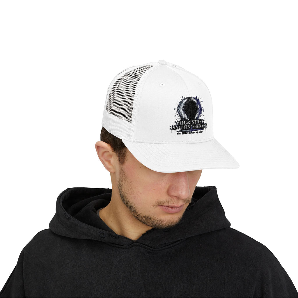Abstract Sunburst with Quote Trucker Cap | Your Story Isn’t Finished Yet