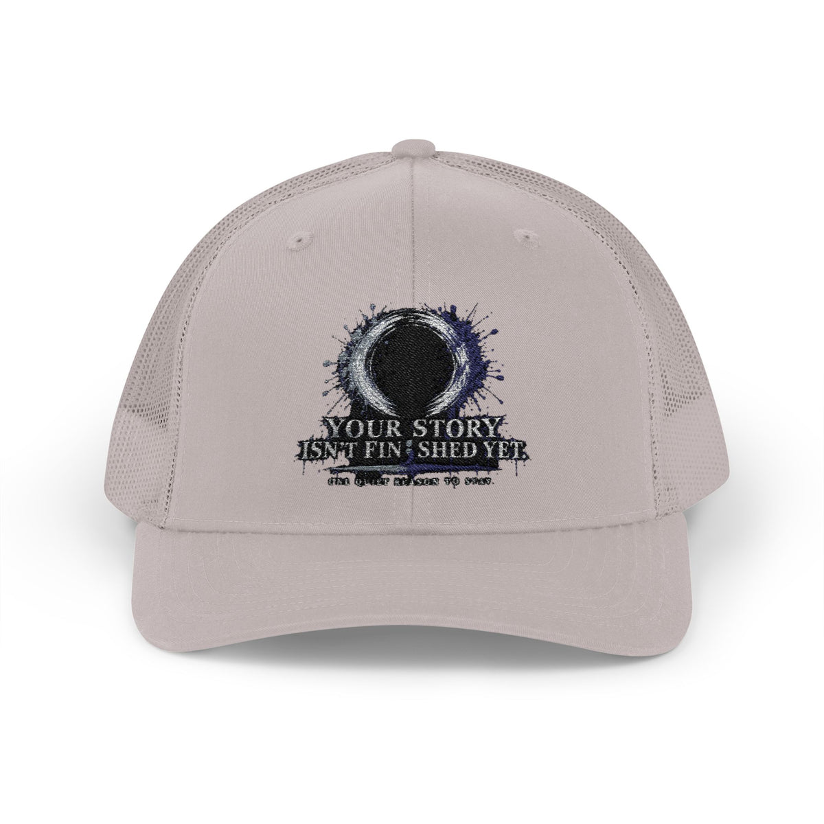 Abstract Sunburst with Quote Trucker Cap | Your Story Isn’t Finished Yet