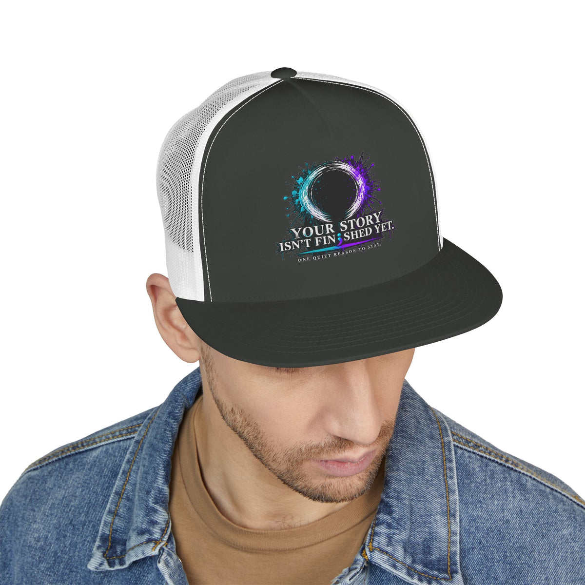 5-Panel Trucker Cap — "Your Story Isn’t Finished Yet" Inspirational Mesh Hat