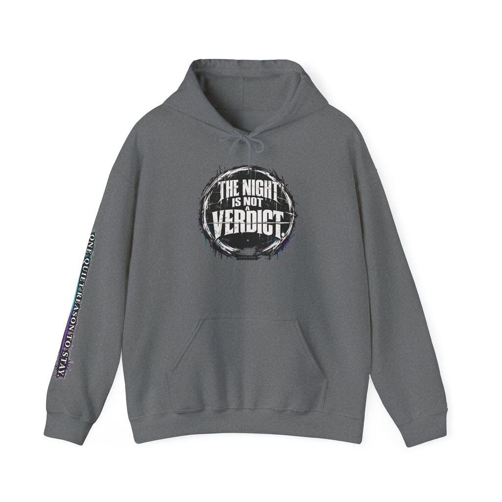 The Night Is Not Verdict hoodie | Grunge circular text design, sleeve print