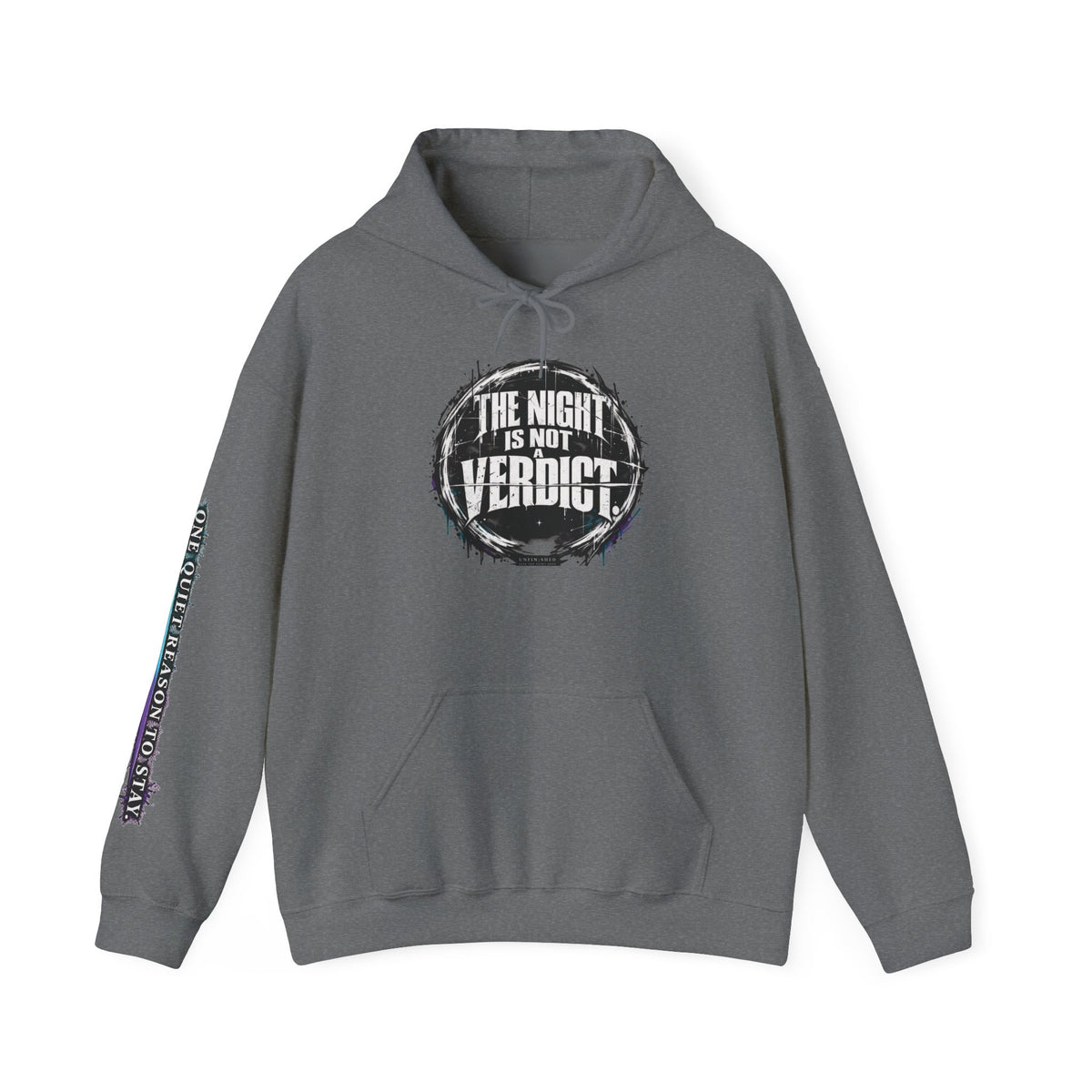 The Night Is Not Verdict hoodie | Grunge circular text design, sleeve print