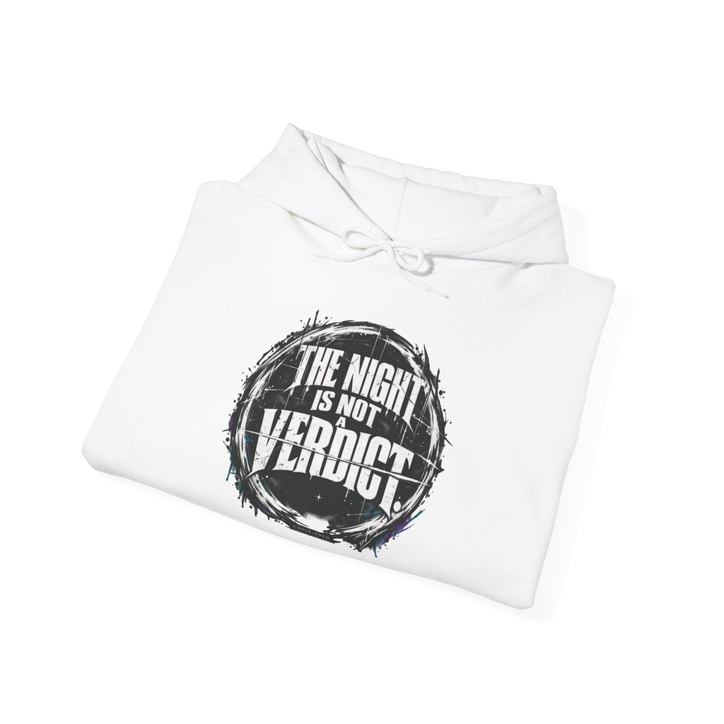 The Night Is Not Verdict hoodie | Grunge circular text design, sleeve print