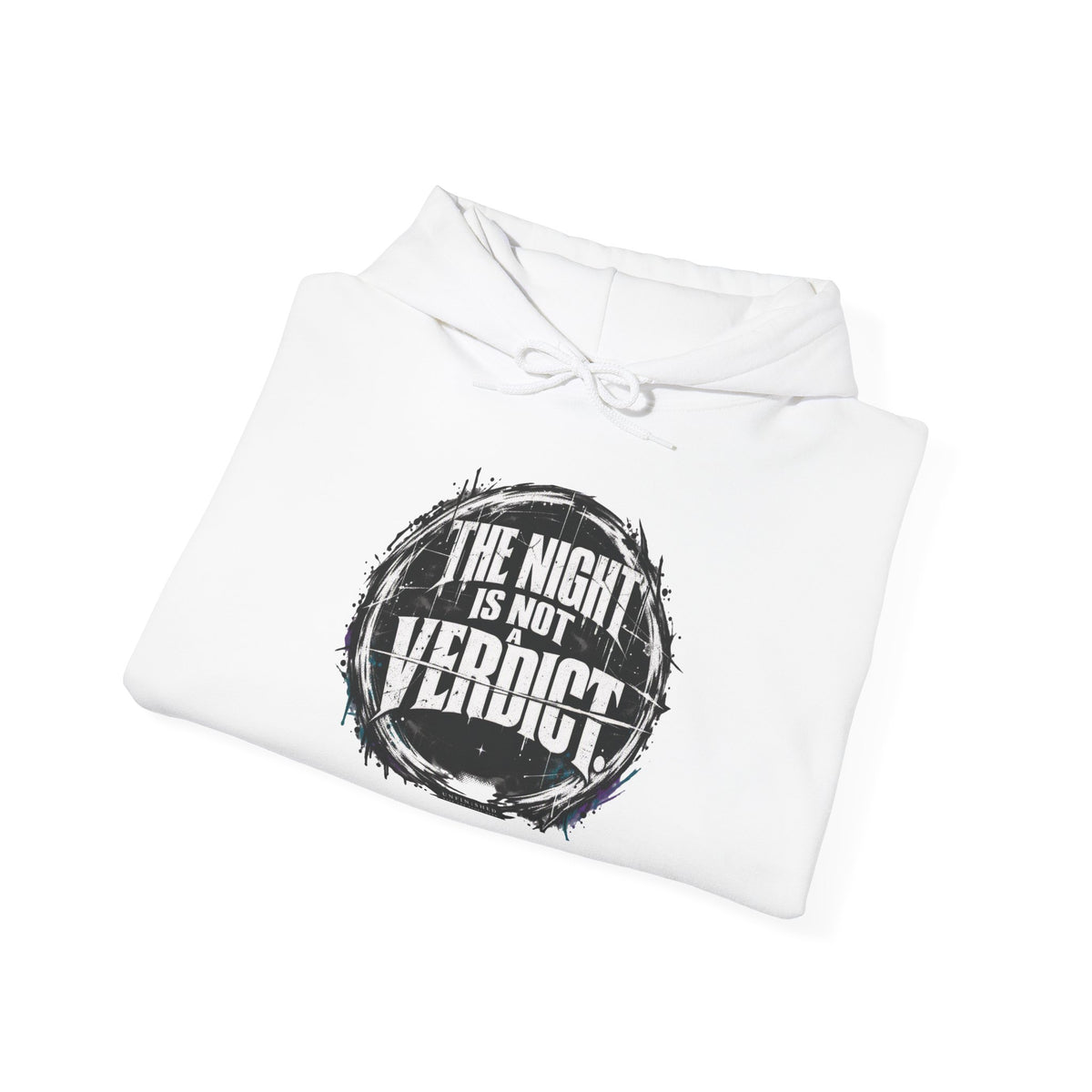 The Night Is Not Verdict hoodie | Grunge circular text design, sleeve print