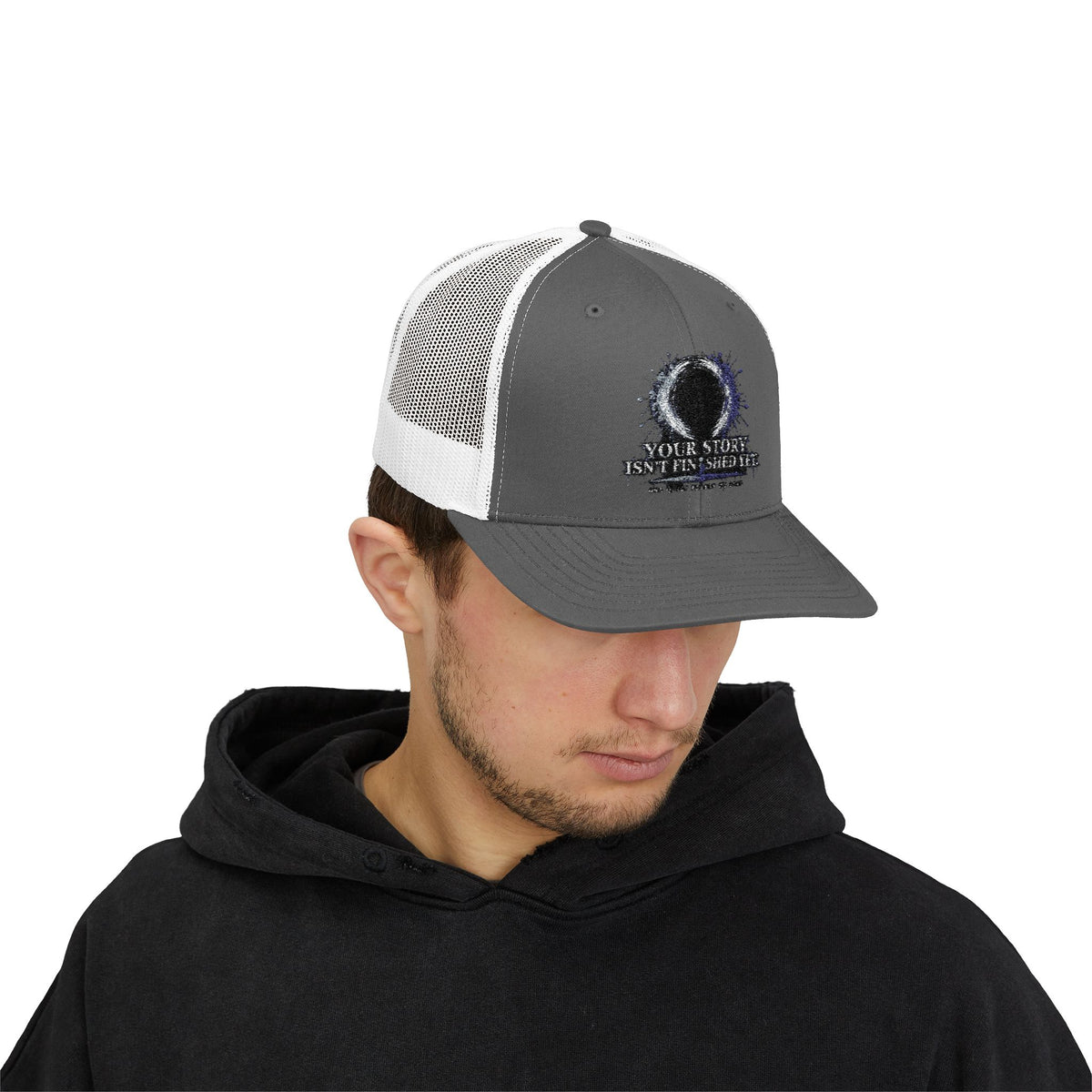 Abstract Sunburst with Quote Trucker Cap | Your Story Isn’t Finished Yet