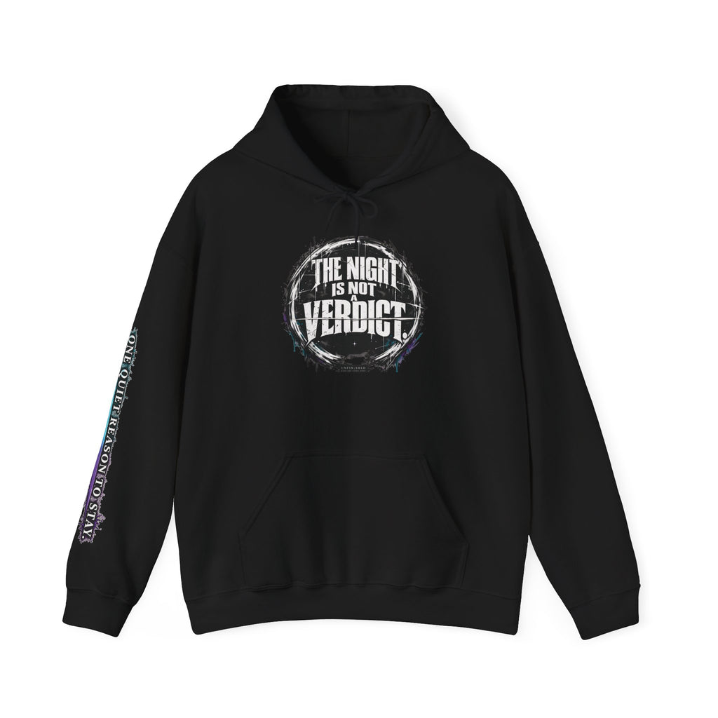 The Night Is Not Verdict hoodie | Grunge circular text design, sleeve print