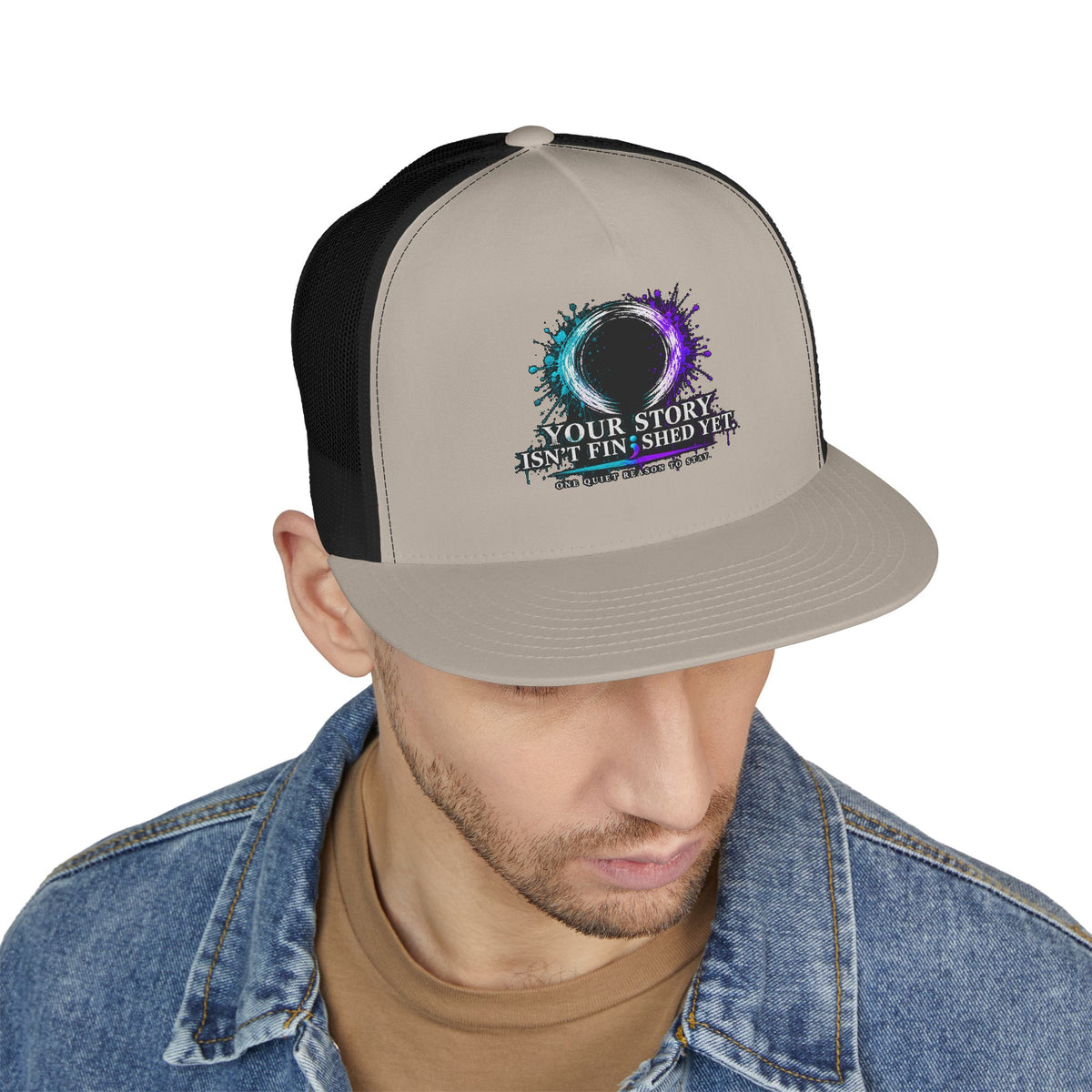 5-Panel Trucker Cap — "Your Story Isn’t Finished Yet" Inspirational Mesh Hat
