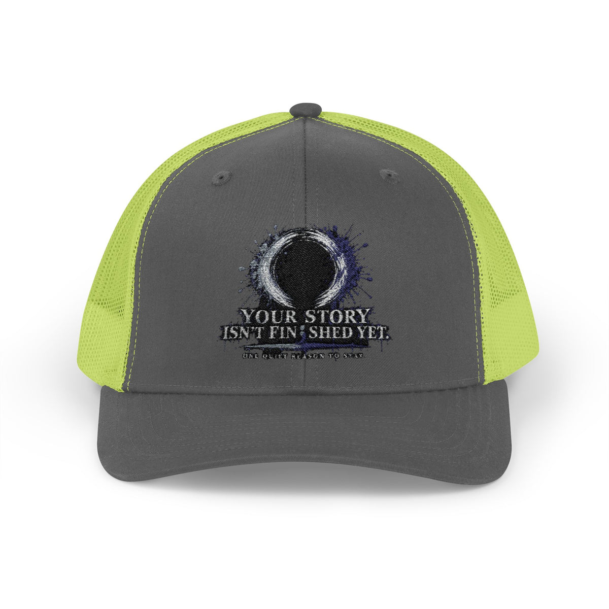 Abstract Sunburst with Quote Trucker Cap | Your Story Isn’t Finished Yet