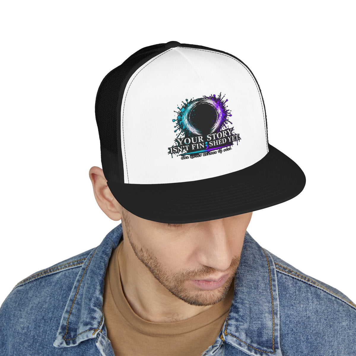 5-Panel Trucker Cap — "Your Story Isn’t Finished Yet" Inspirational Mesh Hat