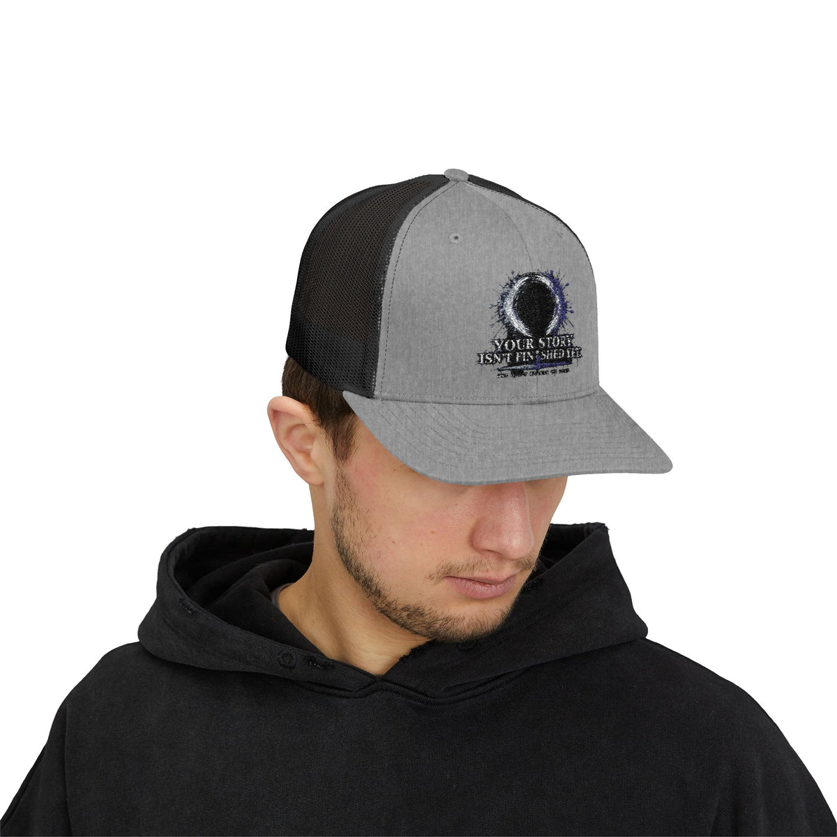 Abstract Sunburst with Quote Trucker Cap | Your Story Isn’t Finished Yet