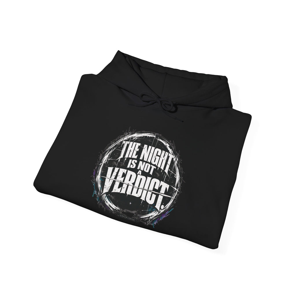 The Night Is Not Verdict hoodie | Grunge circular text design, sleeve print