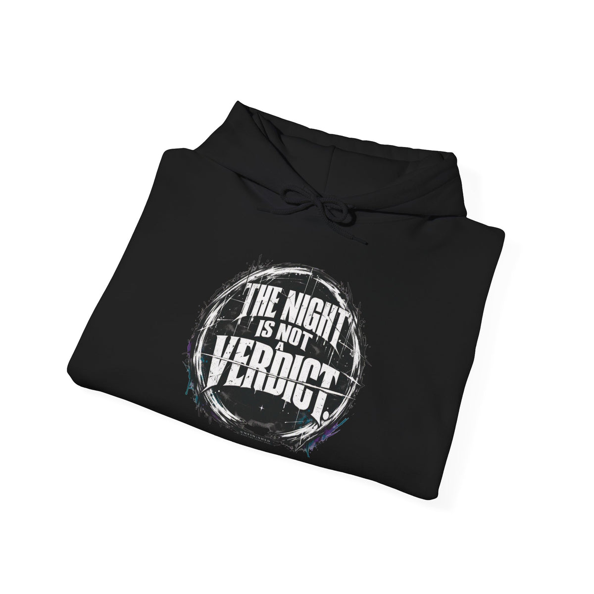 The Night Is Not Verdict hoodie | Grunge circular text design, sleeve print