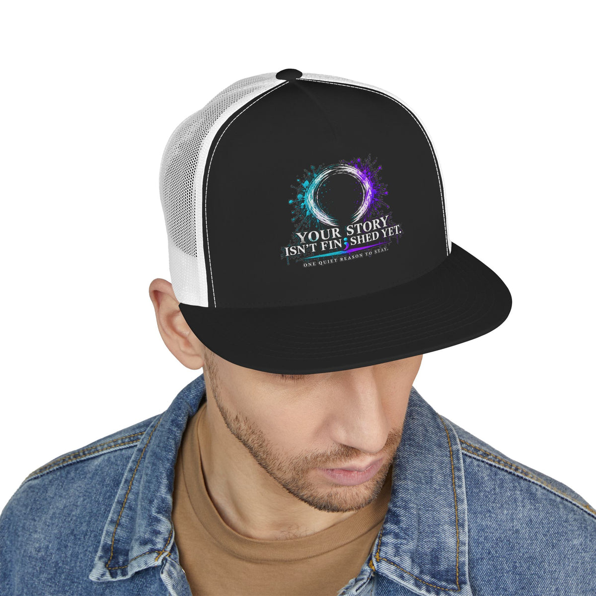 5-Panel Trucker Cap — "Your Story Isn’t Finished Yet" Inspirational Mesh Hat