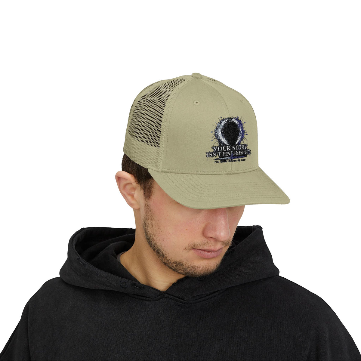 Abstract Sunburst with Quote Trucker Cap | Your Story Isn’t Finished Yet