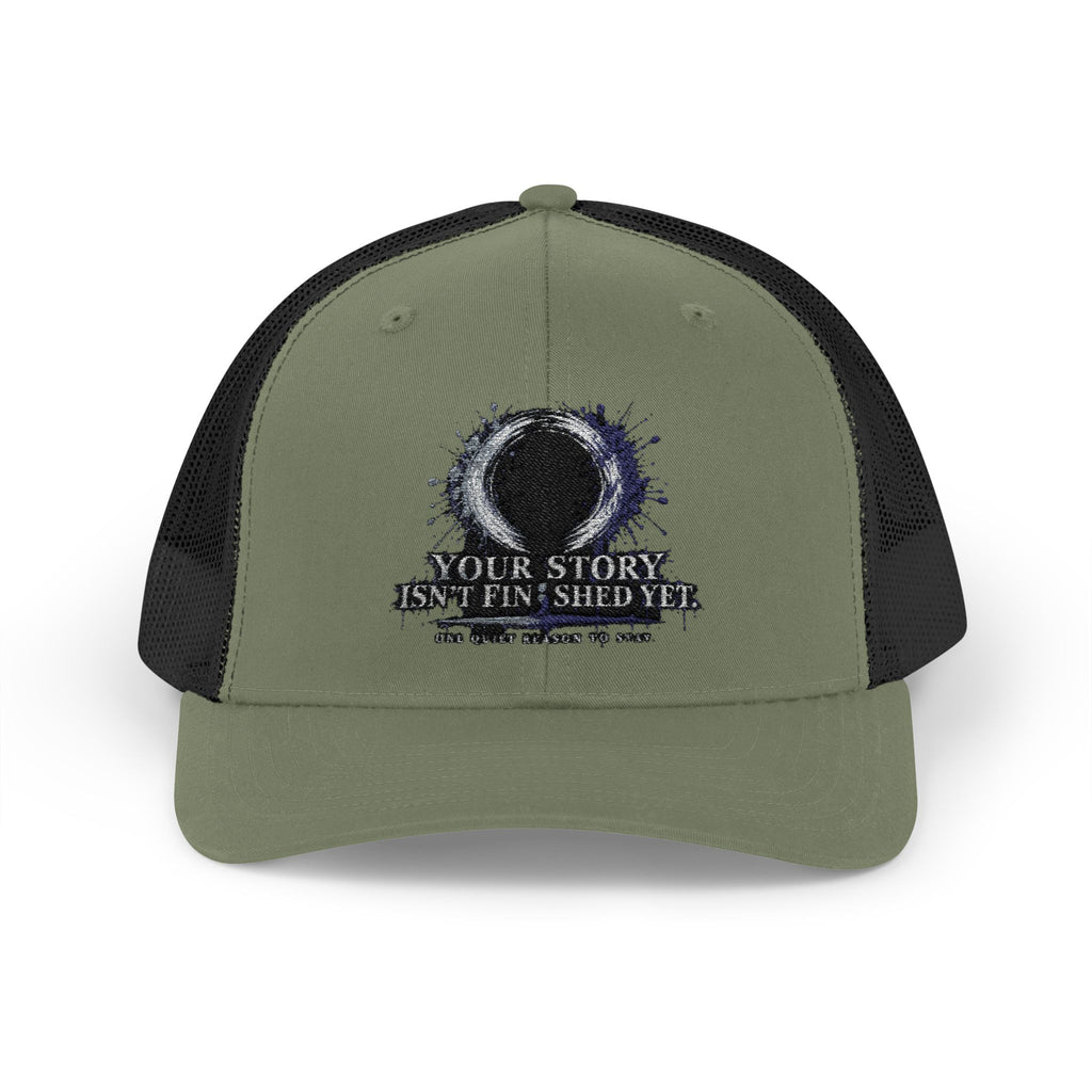 Abstract Sunburst with Quote Trucker Cap | Your Story Isn’t Finished Yet