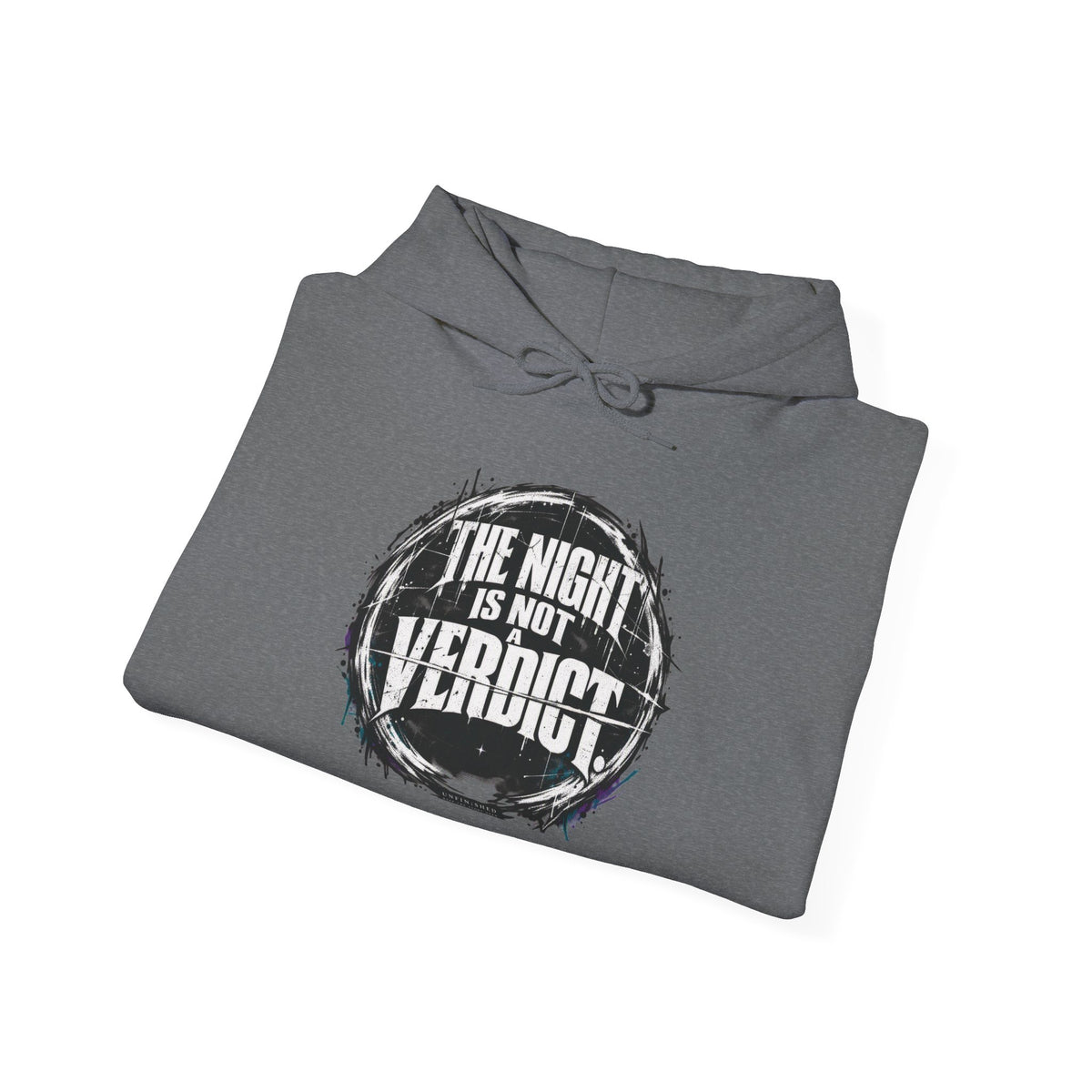 The Night Is Not Verdict hoodie | Grunge circular text design, sleeve print