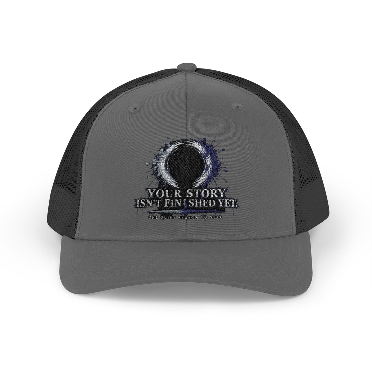 Abstract Sunburst with Quote Trucker Cap | Your Story Isn’t Finished Yet