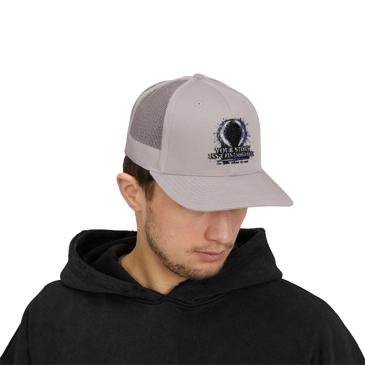Abstract Sunburst with Quote Trucker Cap | Your Story Isn’t Finished Yet