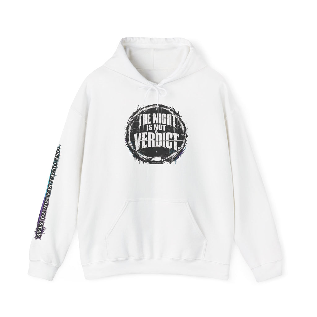 The Night Is Not Verdict hoodie | Grunge circular text design, sleeve print