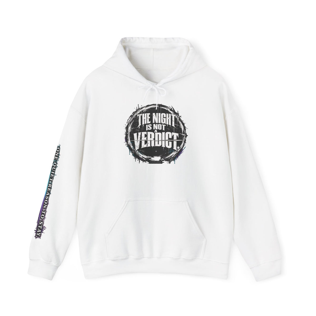 The Night Is Not Verdict hoodie | Grunge circular text design, sleeve print
