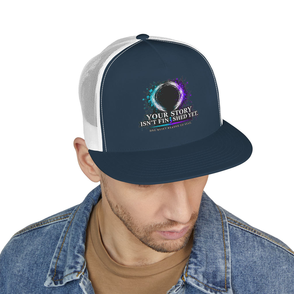 5-Panel Trucker Cap — "Your Story Isn’t Finished Yet" Inspirational Mesh Hat
