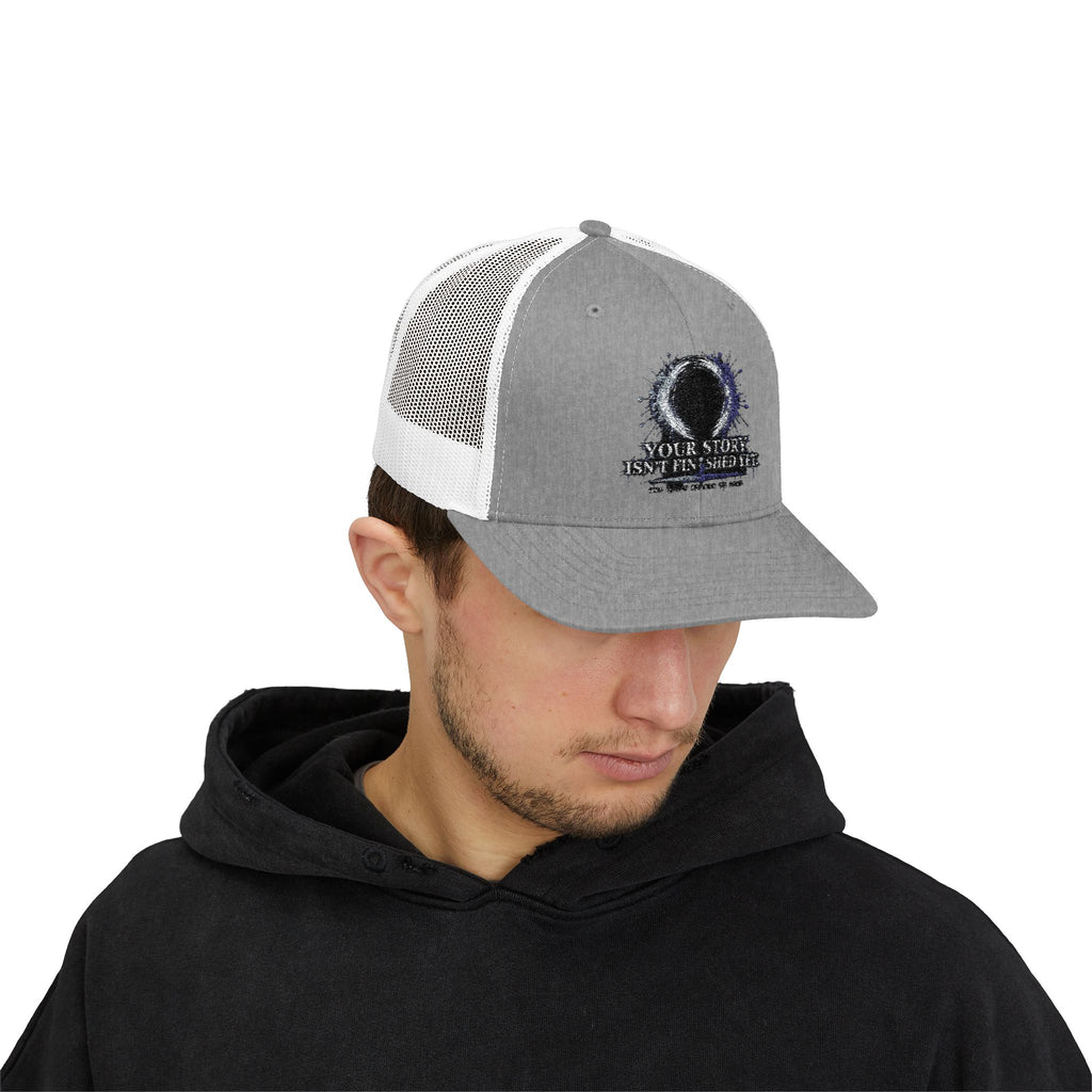 Abstract Sunburst with Quote Trucker Cap | Your Story Isn’t Finished Yet