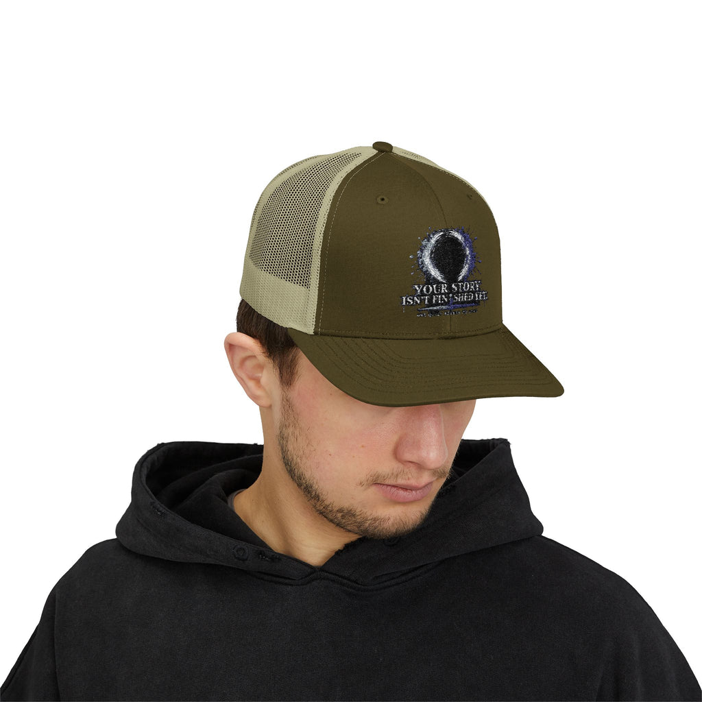 Abstract Sunburst with Quote Trucker Cap | Your Story Isn’t Finished Yet