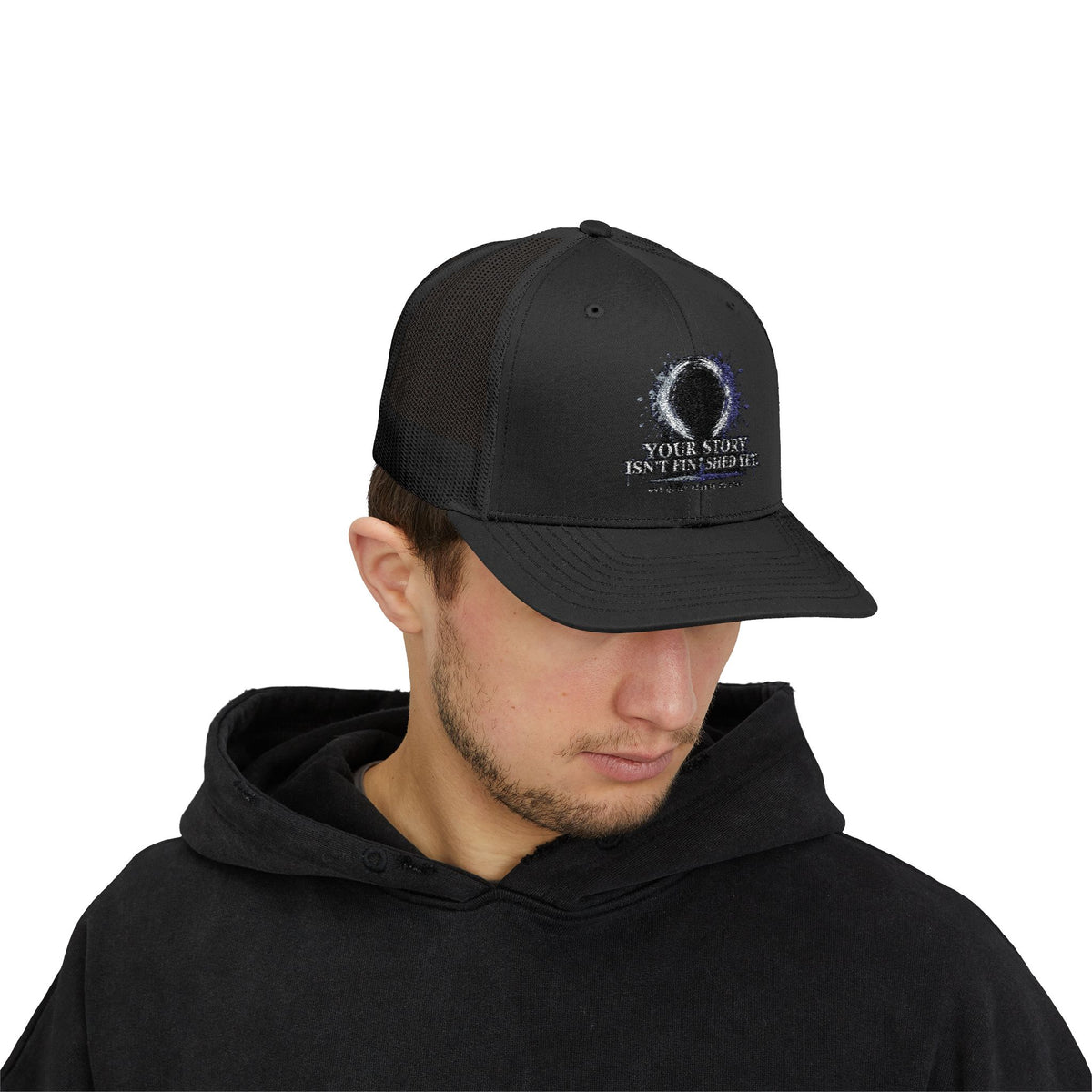 Abstract Sunburst with Quote Trucker Cap | Your Story Isn’t Finished Yet
