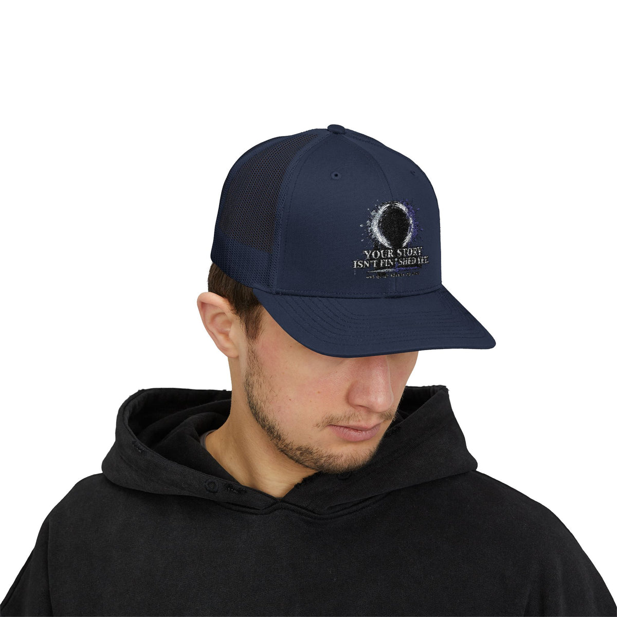 Abstract Sunburst with Quote Trucker Cap | Your Story Isn’t Finished Yet