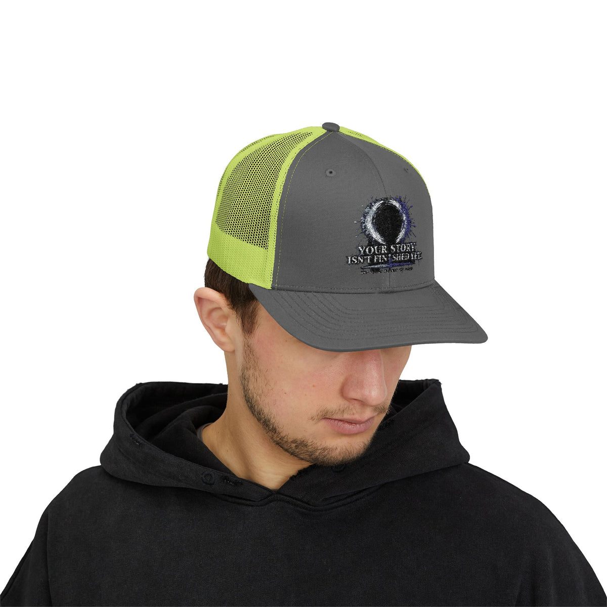Abstract Sunburst with Quote Trucker Cap | Your Story Isn’t Finished Yet