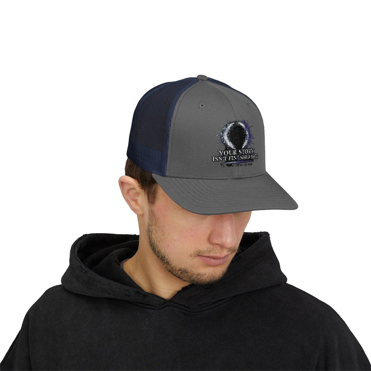 Abstract Sunburst with Quote Trucker Cap | Your Story Isn’t Finished Yet