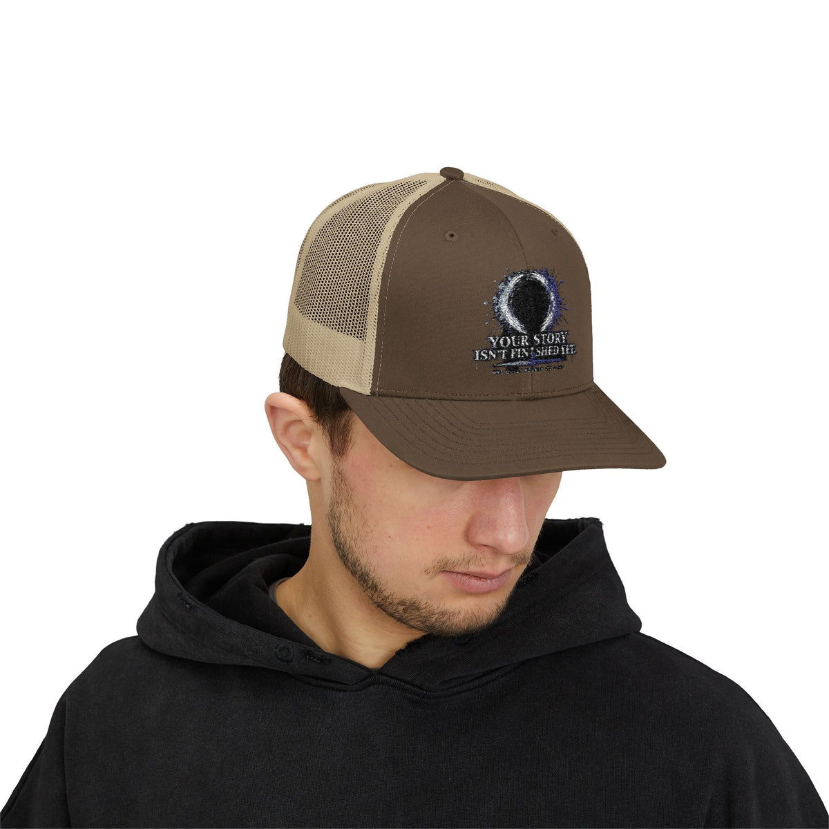 Abstract Sunburst with Quote Trucker Cap | Your Story Isn’t Finished Yet
