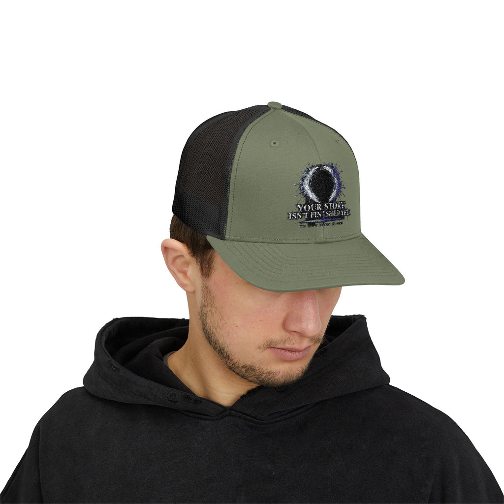 Abstract Sunburst with Quote Trucker Cap | Your Story Isn’t Finished Yet
